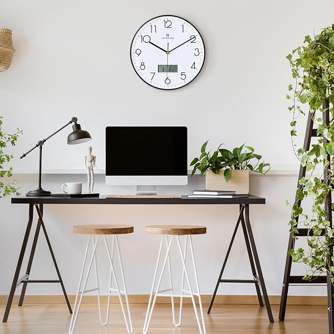 Lafocuse 12 Inch Silent Analog Wall Clock with LCD Display for Calendar and Temperature, Digital Black Wall Clocks with Date and Day Battery Operated Clock for Living Room Bedroom Office