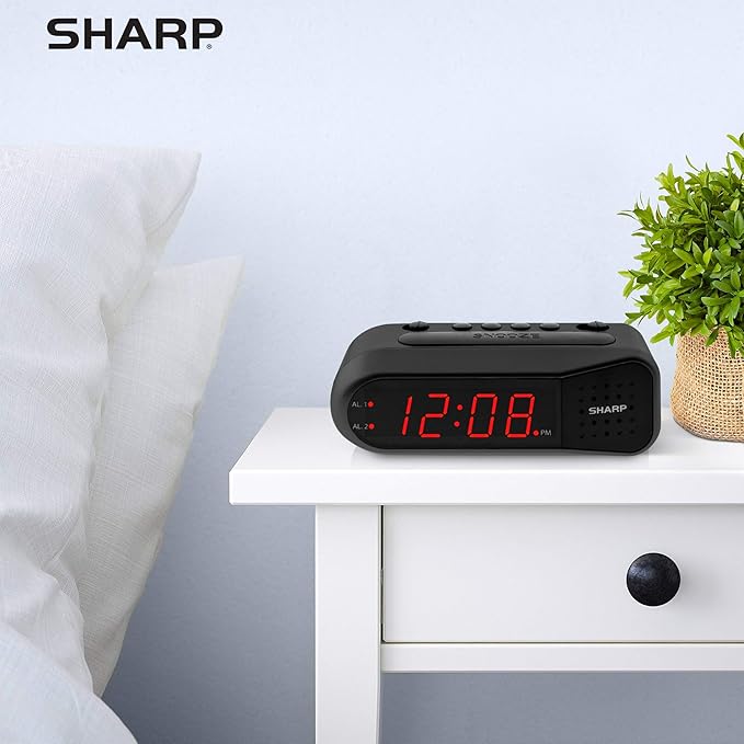 Sharp Easy-Set Digital Alarm Clock for Bedroom – Large Red LED Display, Ascending Loud Alarm for Heavy Sleepers, Dual Alarm Weekday/Weekend, Simple Operation, Snooze, Battery Backup