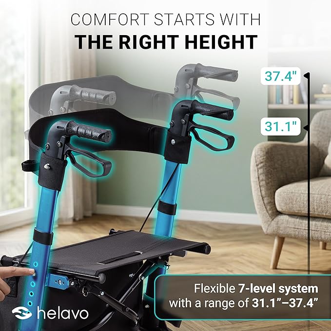 Helavo Foldable Rollator with Seat - Lightweight Aluminum Rolling Walker for Seniors and Adults