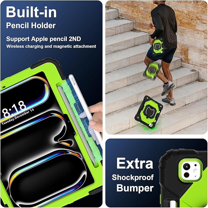 Dteck for iPad Pro 11 inch (M4/M5) 2024/2025 Release Shockproof Case with Shoulder Strap/Pencil Holder/Rotating Kickstand Handle, Heavy-Duty Sturdy Rugged Cover, Protective Tablet Shell, Black Green
