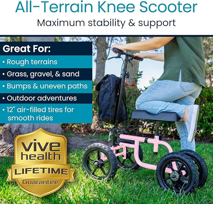 Vive Mobility All Terrain Knee Scooter Walker for Foot Injuries - Adult Broken Leg Crutch Cart Roller for Surgery, Broken Foot, Ankle Injury - Kneeling Rolling Steerable Seated Wheel Scooter Aid