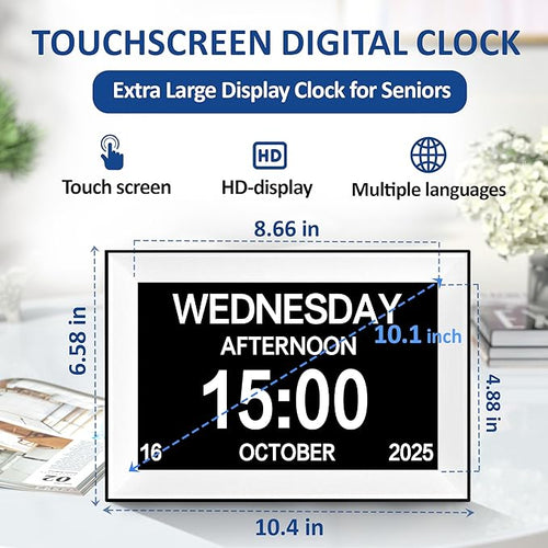 10.1" Touchscreen Digital Calendar Alarm Clock, Dementia Clocks for Seniors Extra Large Display Clock with Day and Date for Elderly, 40 Reminders&64 Alarms&Auto-Dimming&Auto DST(White)
