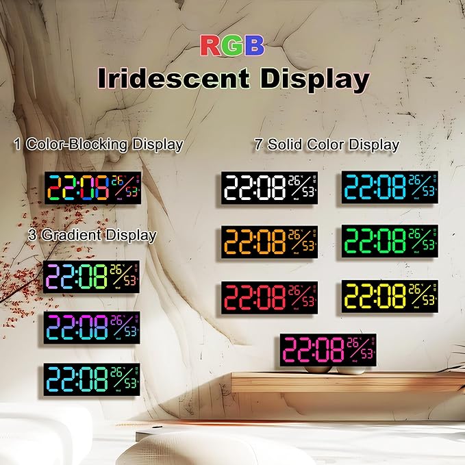 11-Inch LED Digital Wall Clock with RGB Flowing Light, Seconds, Date, Time, Temperature｜ Clear Large Numbers, Dual Alarm Settings, Remote Controlled ｜ Stylish Modern Clock for Living Room, Bedroom