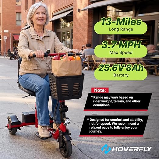 Hoverfly T3 Folding Powered Mobility Scooter for Seniors, Portable 3-Wheel E-Scooter with Seat, 13-Mile Range Safe LiFePO4 Battery, 264 lbs Load &Solid 8" Tires, Fits in Car Trunks for Daily Rides Red