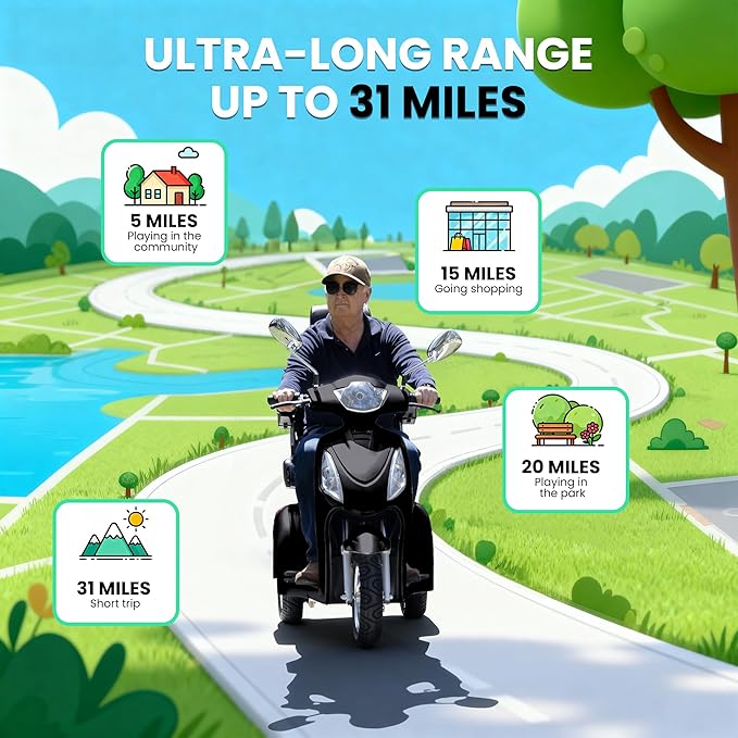 Super Large Electric 4 Wheel Mobility Scooters, Heavy Duty 800W Wheelchair Device, 25 Miles Long Range, All Terrain Mobility Scooter，Speed Adjust, Remote Key,Receive Ready to Ride (3 Wheel -Black)