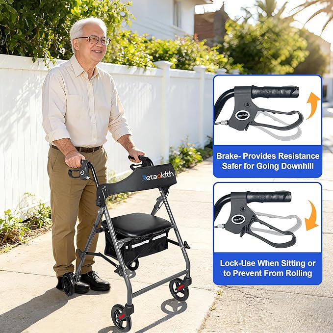 Rollator Walkers for Seniors with Seat, Foldable & One-Hand Carry, Upgraded Rolling Walker with Seat for Seniors, Handles Height Adjustable Rolling Walker for Seniors, Walking & Seated Rest, Grey