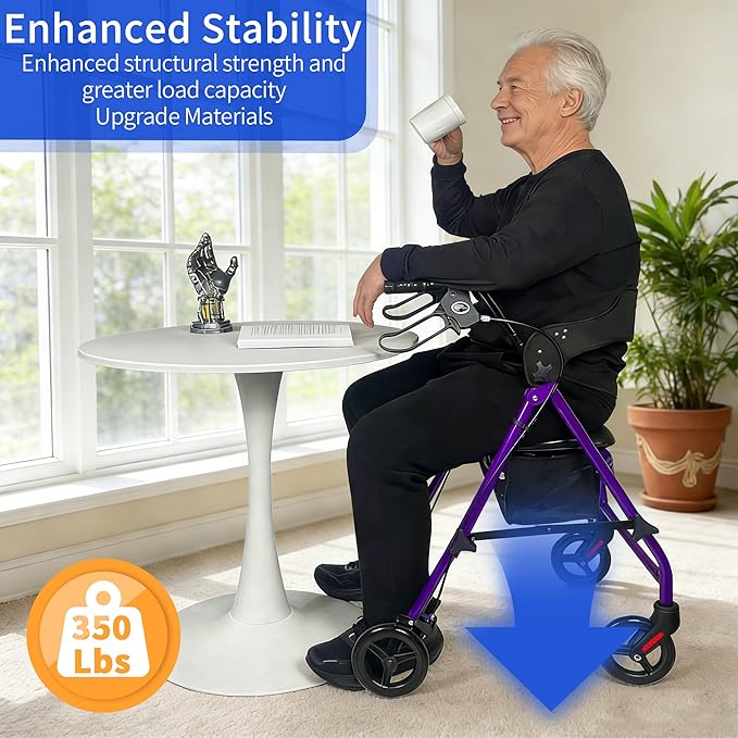 Rollator Walkers for Seniors with Seat, Foldable & One-Hand Carry, Upgraded Rolling Walker with Seat for Seniors, Handles Height Adjustable Rolling Walker for Seniors, Walking & Seated Rest, Purple
