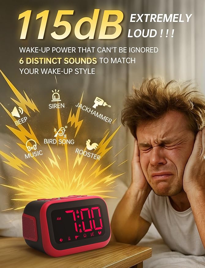 Acedeck Loud Alarm Clock for Heavy Sleepers: 115dB Dual Alarms with 6 Unique Sounds for Bedroom Dorm Room Use - On-Time Wake Up for Teen College Students - Red