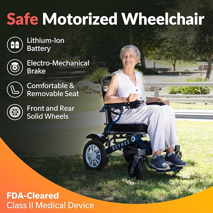 Reyhee Roamer Folding Electric Wheelchair for Adults Seniors, 200W Motorized Wheelchair w/Dual DC Brushless Motor, Portable Power Wheelchairs, Class 2 Medical Device