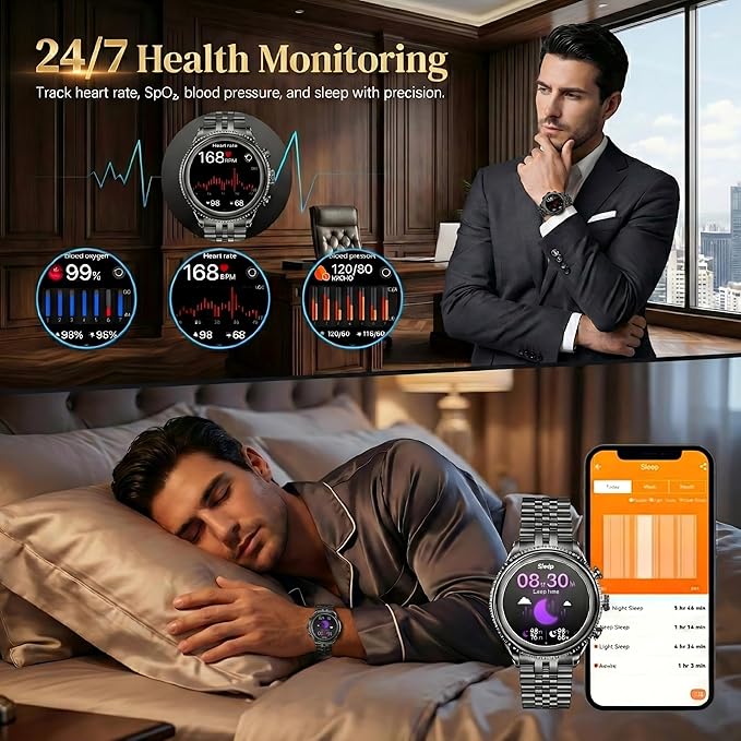 2026 Rotating Bezel Smart Watch for Men with Bluetooth Call, Heart Rate, Blood Pressure, SpO2, Sleep Monitor, Waterproof Round Watch with Encoder Knob, 1.32" AMOLED Display, Compatible Android and iOS