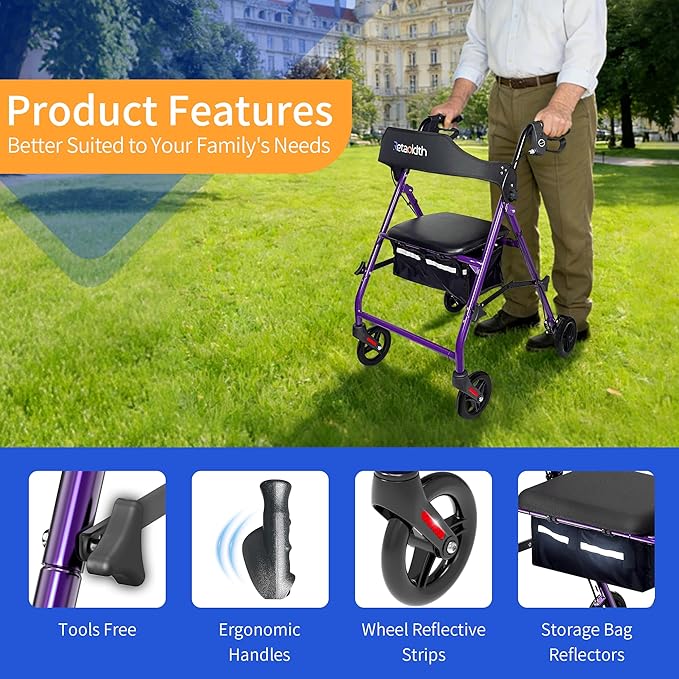 Rollator Walkers for Seniors with Seat, Foldable & One-Hand Carry, Upgraded Rolling Walker with Seat for Seniors, Handles Height Adjustable Rolling Walker for Seniors, Walking & Seated Rest, Purple