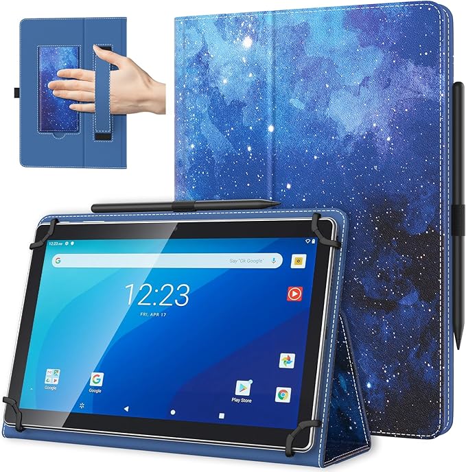 TiMOVO Universal Case for 10.1 Inch Android Tablet with Pen Loop, Lightweight Folding Stand Cover with Hand Strap for All 9.6"-11" Touchscreen Tablet, Blue Starry Sky