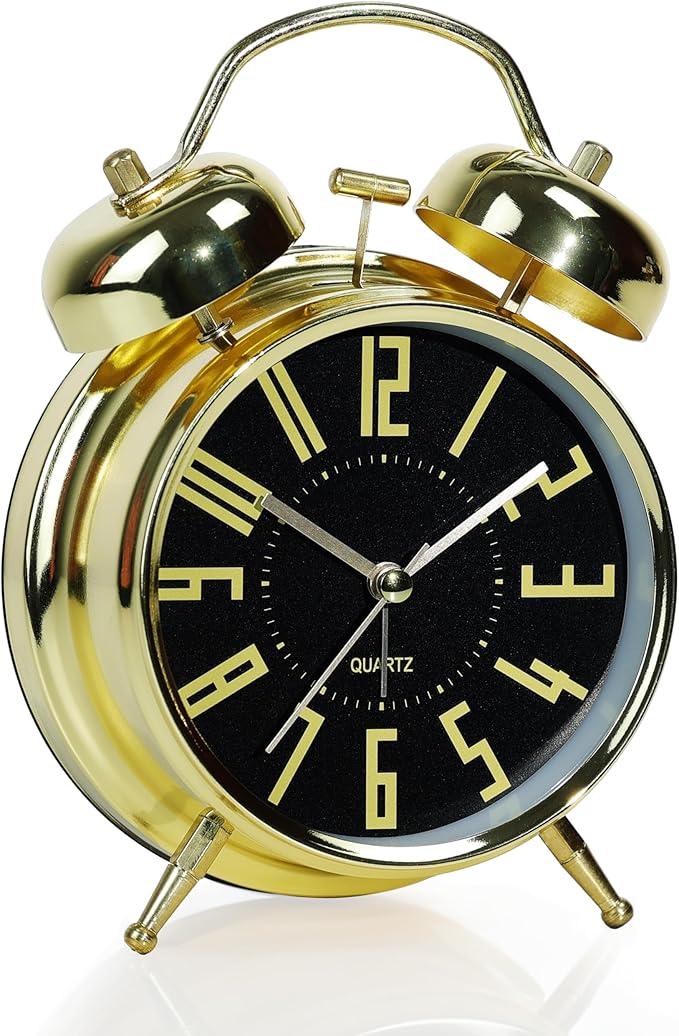 AYRELY Super Loud Alarm Clock for Heavy Sleepers Adults,Twin Bell Retro 4 Inch Silent Non-Ticking Quartz with Backlight, Metal dial, Alarm Clocks for Bedrooms Bedside(Gold- Black)