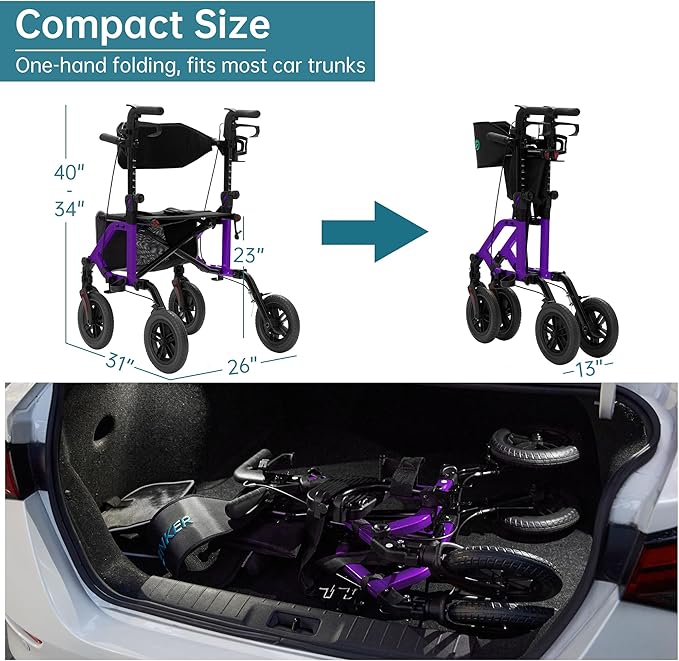 ELENKER All-Terrain 2 in 1 Rollator Walker & Transport Chair, Folding Wheelchair with 10” Non-Pneumatic Wheels for Seniors, Reversible Backrest & Detachable Footrests, Purple