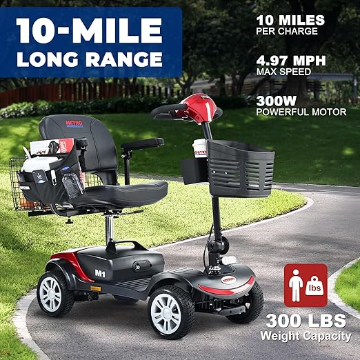 Metro Mobility 4 Wheel Powered Mobility Scooters, 300 lbs Capacity Mobility Scooters for Adults, Folding Mobility Scooter Lightweight, Electric Scooters for Seniors 10 Miles Range LED Light Red