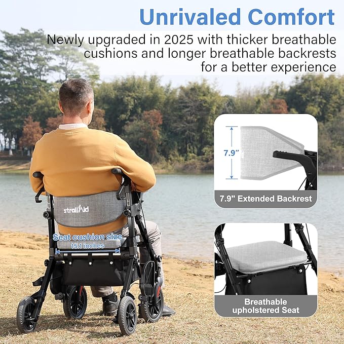 Walkers for Seniors with Seat, Walker Wheelchair Combo, 2 in 1 Rolling Walker Transport Wheelchair Lightweight Foldable, 10" Big Wheels Transport Chair with Brakes,Grey