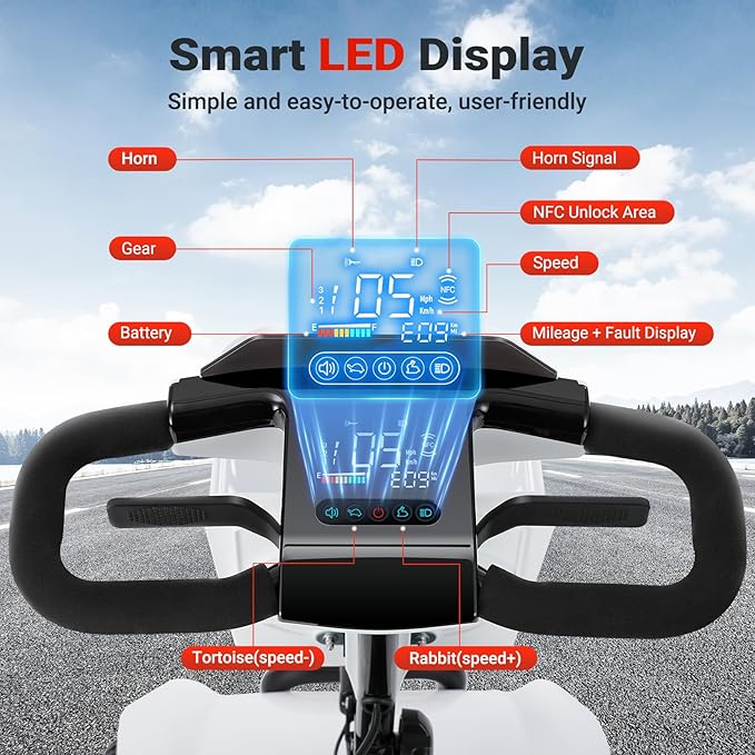 Foldable Mobility Scooter for Seniors & Adults - 4 Wheel Travel Scooter with NFC Smart Unlock, 15 Mile Range, 300 lbs Capacity, Compact Heavy Duty Mobile with Removable Battery & Basket, White