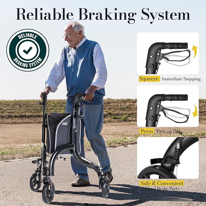 3 Wheel Walkers for Seniors, Lightweight Rollator Walkers Foldable for Elderly with Cane Hold and Cup Hold, Height Adjustable Aluminum Three Wheel Rolling Walker Mobility Aid, Black