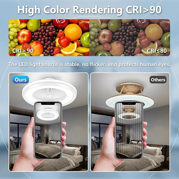 24" Bladeless Ceiling Fans with Lights and Remote/APP/Voice Control, Low Profile Ceiling Fan with RGB Lights, Smart Modern Ceiling Fan Dimmable LED Light 6 Speeds Timing Reversible