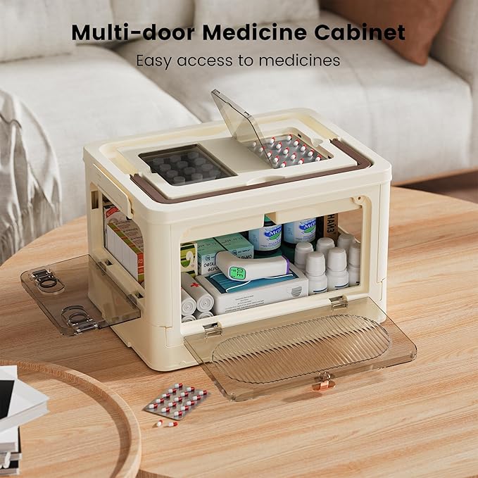 Medicine Box Cabinet Organizer - Empty First Aid Kit Storage, Clear Plastic Portable Container, 3 Tier Pill Bottle Medical Supply Case with Handle, Medication Caddy Chest