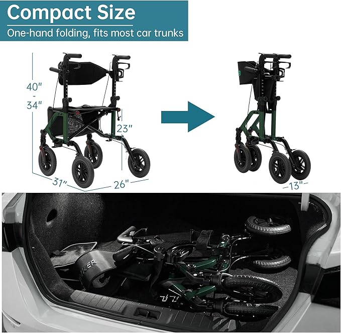 ELENKER All-Terrain 2 in 1 Rollator Walker & Transport Chair, Folding Wheelchair with 10” Non-Pneumatic Wheels for Seniors, Reversible Backrest & Detachable Footrests, Green