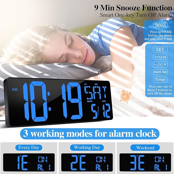 Large Digital Wall Clock with Remote Control 17.2" LED Large Display Timer with Temperature Date Week Auto DST Adjustable Brightness, Big Wall Alarm Clock for Living Room Office Garage Gym Seniors