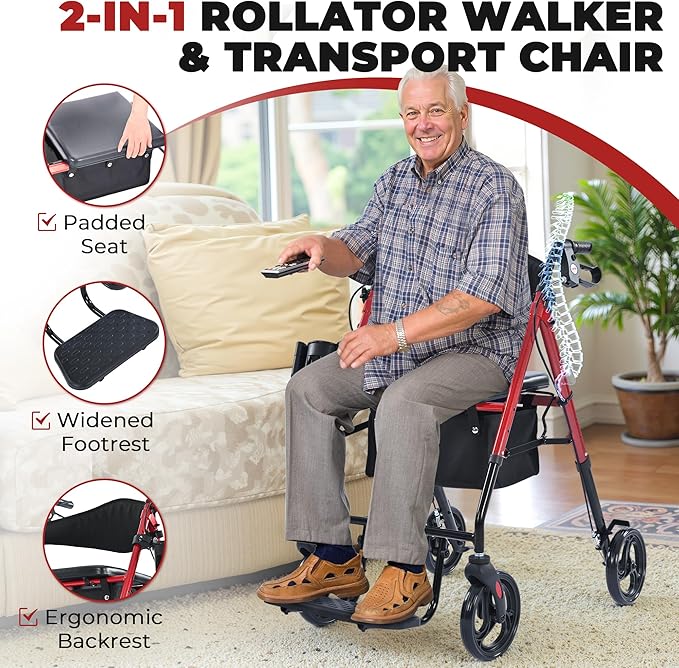 Metro Mobility 2 in 1 Rollator Walker & Transport Wheelchair, Foldable Lightweight Rollator Walker with Seat for Seniors, 8" Big Wheels for All Terrain, 300 lb. Weight Capacity, Red