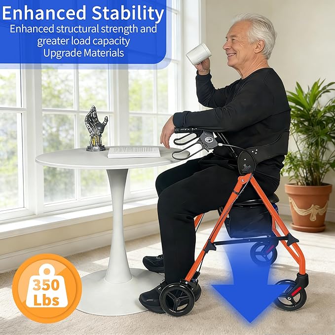 Rollator Walkers for Seniors with Seat, Foldable & One-Hand Carry, Upgraded Rolling Walker with Seat for Seniors, Handles Height Adjustable Rolling Walker for Seniors, Walking & Seated Rest, Orange