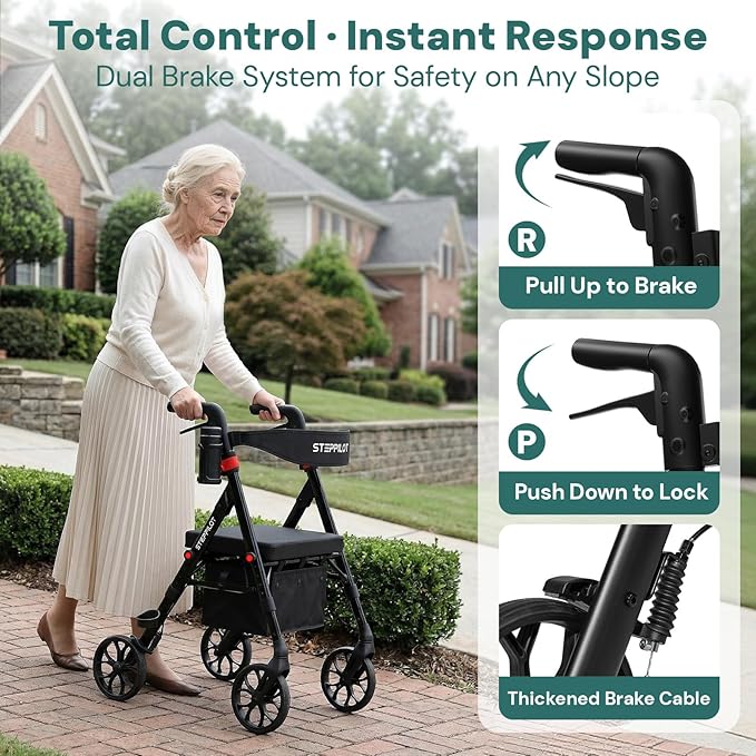 Bariatric Rollator Walker with Seat for Seniors, 500lb Capacity Aluminum Frame, Zero Wobble, 16lb Lightweight, 8" All Terrain Wheels, 10-Level Adjustable Handle/Seat, Cup Holder, Cane Clip