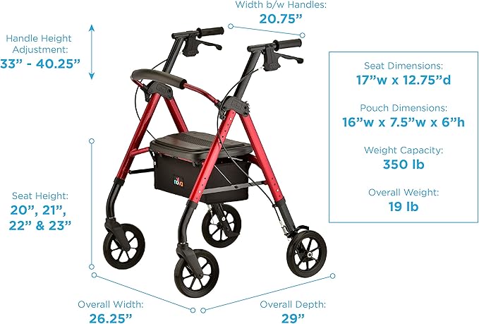 NOVA Star DX Heavy Duty Bariatric Rollator Walker, Wide Padded Seat, 450 lb Capacity, 8” Rugged All-Terrain Wheels, Easy-Grip Locking Hand Brakes, Fold Lock, Height Adjustable, Red