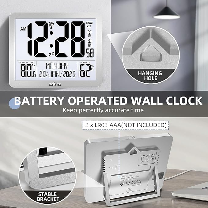 Digital Wall Clock Battery Operated with Backlight, Atomic Alarm Clocks with Indoor Temperature & Humidity for Bedrooms, Office, 8.5" Small Desk Clock with Large Display for Seniors, Auto DST, Sliver