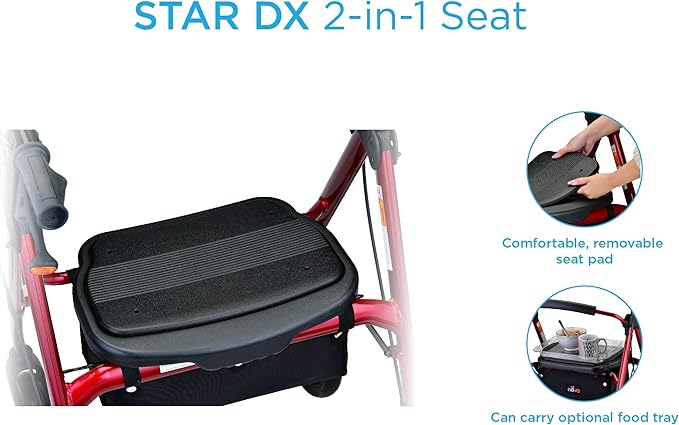 NOVA Star DX Heavy Duty Bariatric Rollator Walker, Wide Padded Seat, 450 lb Capacity, 8” Rugged All-Terrain Wheels, Easy-Grip Locking Hand Brakes, Fold Lock, Height Adjustable, Red
