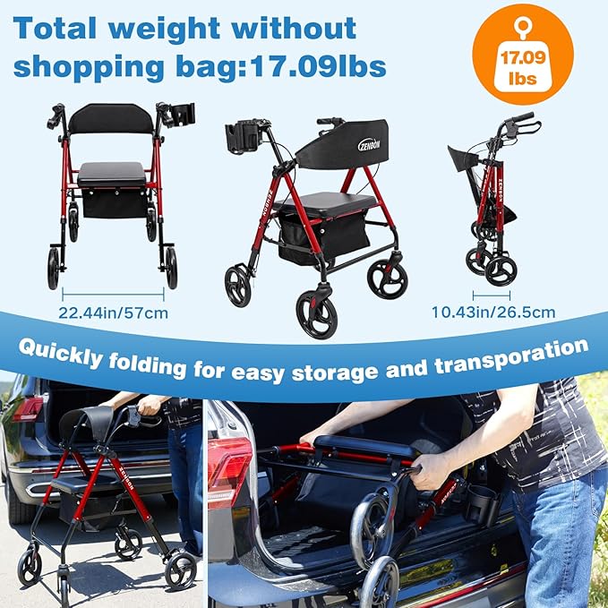 Rollator Walker for Seniors/Adults Foldable Rolling Walker with Seat 265 lbs Capacity 4 Big 8 inch Wheels Hand Grips Adjustable Height Lightweight Iron Aluminum Walker (Red)