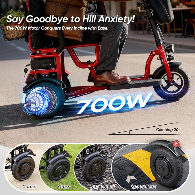 3 Wheel Mobility Scooter for Seniors Adults 300 lbs, 700W, 48V10AH Battery Travel Folding Scooters Lightweight Handicap Scooter Elderly Collapsible Electric Mobility Scooters Foldable