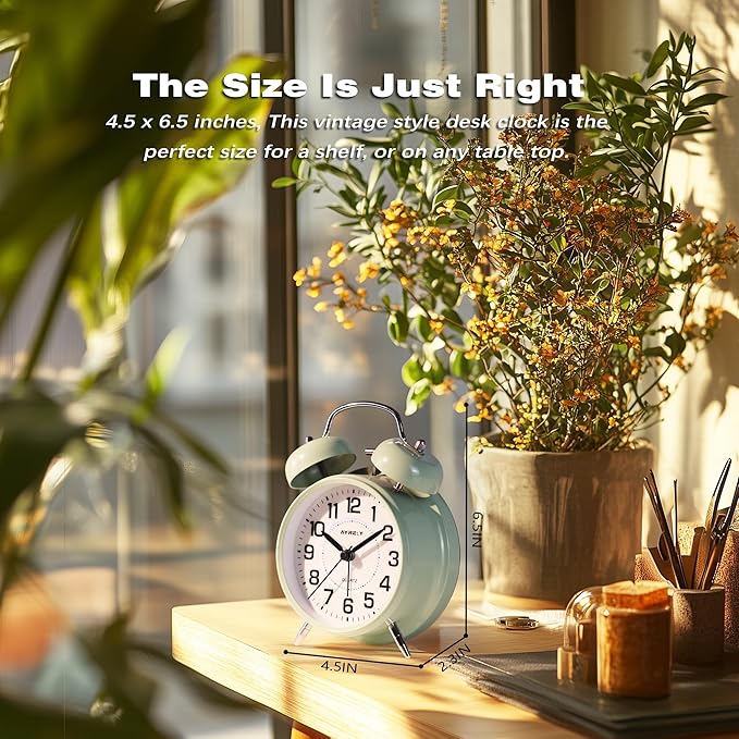 AYRELY® Super Loud Twin Bell Alarm Clock for Heavy Sleepers, 4-Inch Silent Non-Ticking Quartz with Backlight, Metal Cute Clock for Kids' Rooms (Sage Green)