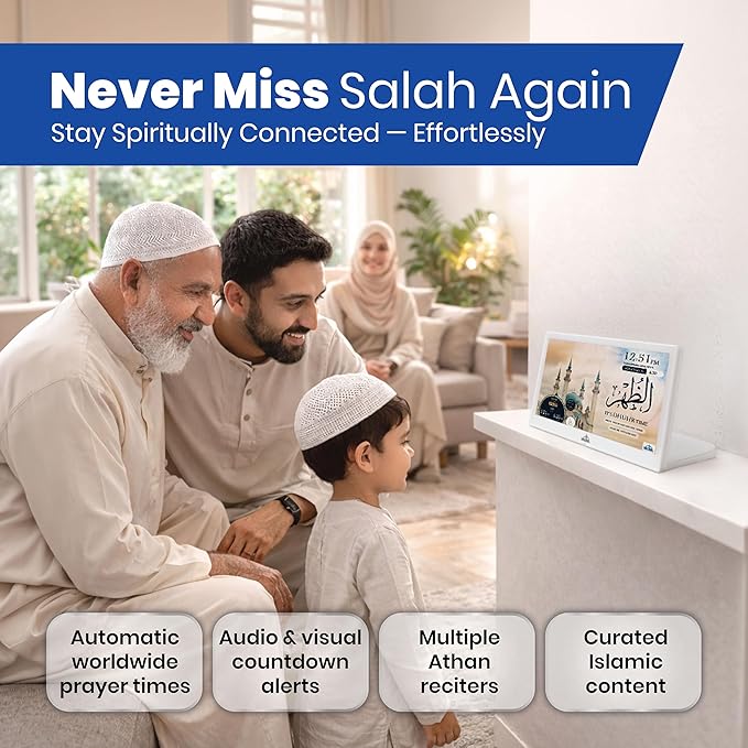Masjidal 10" Smart WiFi Digital Azan Clock & Islamic Prayer Frame – Automatic Worldwide Prayer & Iqamah Times, Full Quran Player, Athan Alarm, Ramadan Clock, Touchscreen Muslim Home Display, White