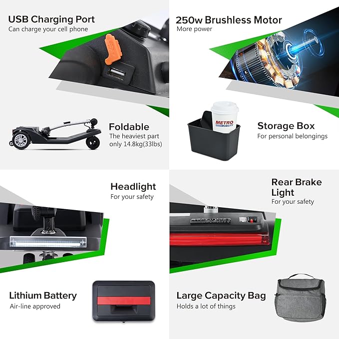 250W Airline Approved Mobility Scooters for Adults & Seniors 265lbs Capacity, 4 Wheel Folding Powered Mobility Scooters with Storage Bag, Lightweight Electric Scooter with & USB Charger Port (Black)