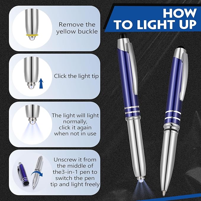 Zonon 15 Pieces 3 in 1 Ballpoint Pen with LED Flashlight and Stylus Tip Multi-Function Capacitive Pen, 1.0 mm Black Ink Metal Ballpoint for Touch Screens Nurse Teacher Gifts(Blue)