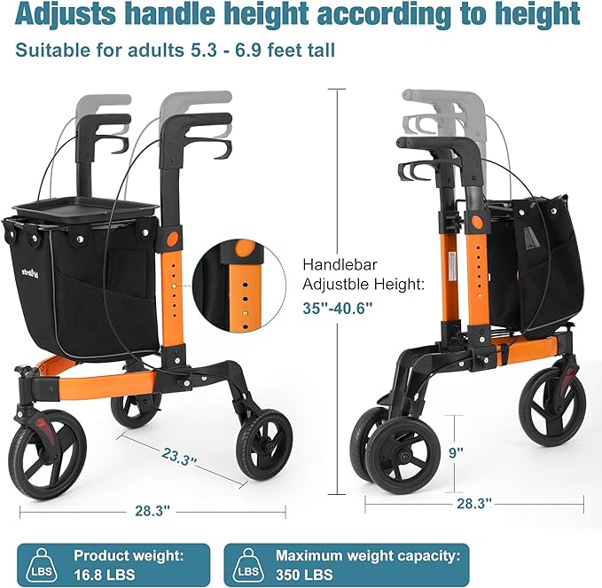 3 Wheel Walkers for Seniors, Foldable Rollator Walker with Tray & Large Storage Bag, 10" Big Wheel for All Terrain, 350 lb Weight Capacity, Orange