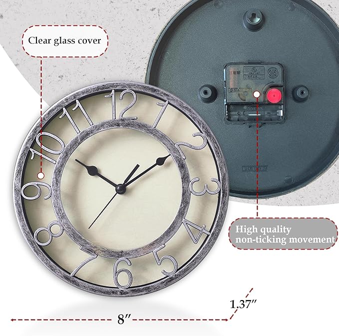 8" Silent Quartz Wall Clock Non-Ticking Digital Silver Clocks with 3D Numbers and Plastic Bezel Easy to Read Vintage Wall Clock