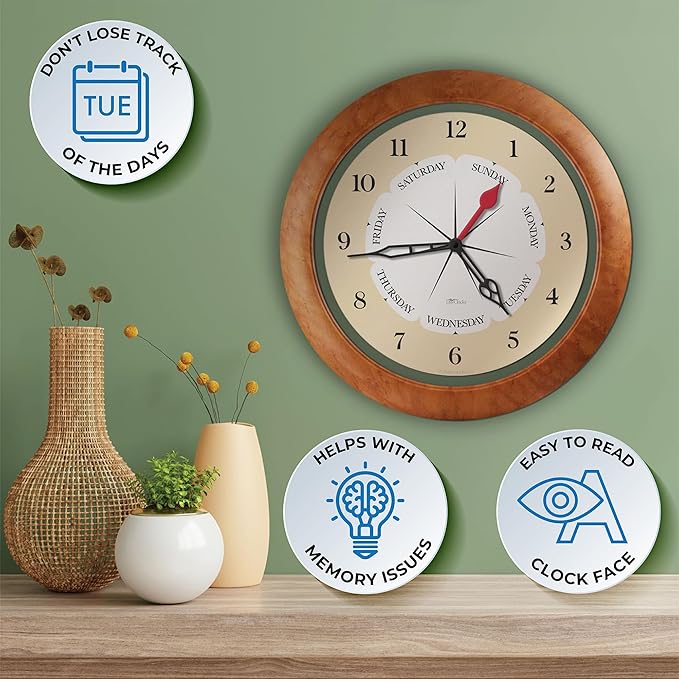Time & Day of The Week Wall Clock with 13.5” Maple Accent Frame – – Ideal Retirement Gift for Men and Women, Day Clock for Seniors and Retirees