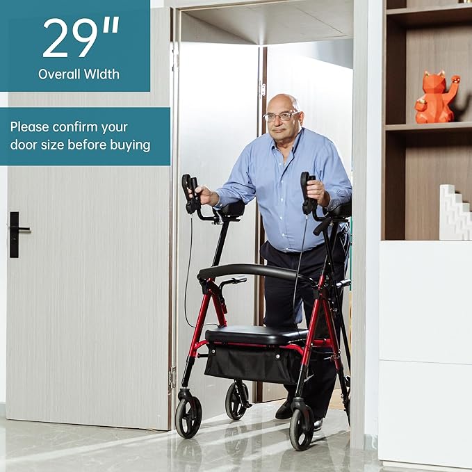 ELENKER Heavy Duty Upright Rollator Walker with Extra Wide Padded Seat and Backrest, Bariatric Stand Up Rolling Walker, Fully Adjustment Frame for Seniors, Red