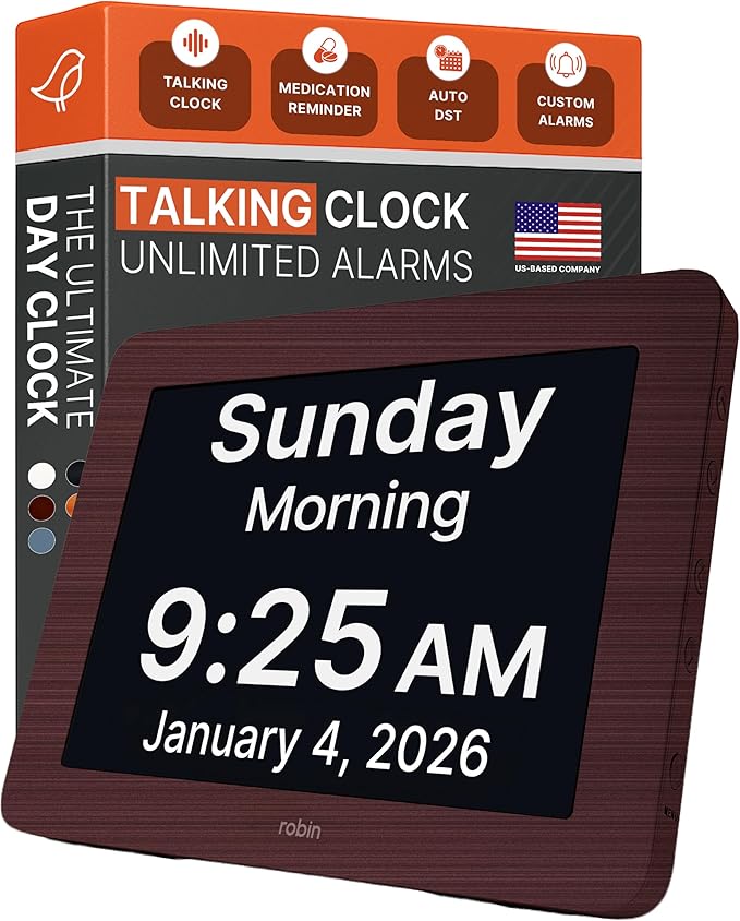 Robin Day Clock 2026 for Seniors, 8" Large Digital Calendar Dementia Clock with Talking Function, Alarms, Easy-to-Read Display for Elderly, Day Date Time, Medication Reminder, DST, Mahogany