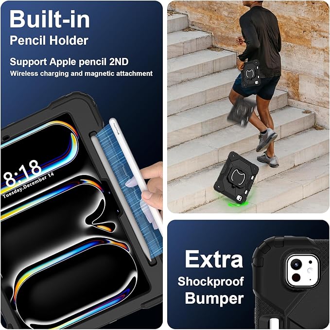 Dteck for iPad Pro 11 inch (M4/M5) 2024/2025 Release Shockproof Case with Shoulder Strap/Pencil Holder/Rotating Kickstand Handle, Heavy-Duty Sturdy Rugged Cover, Protective Hard Tablet Shell, Black