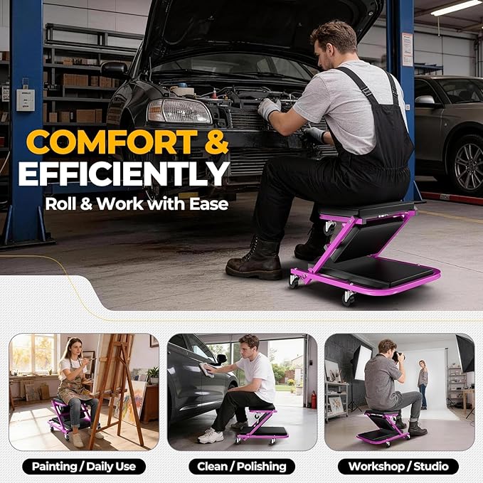 Auto Dynasty 40" Z-Creeper Seat, 2-in-1 Foldable Garage Creeper Shop Seat, 330 LBS Capacity Automotive Mechanic Repair Under Car Rolling Creeper Seat, Purple