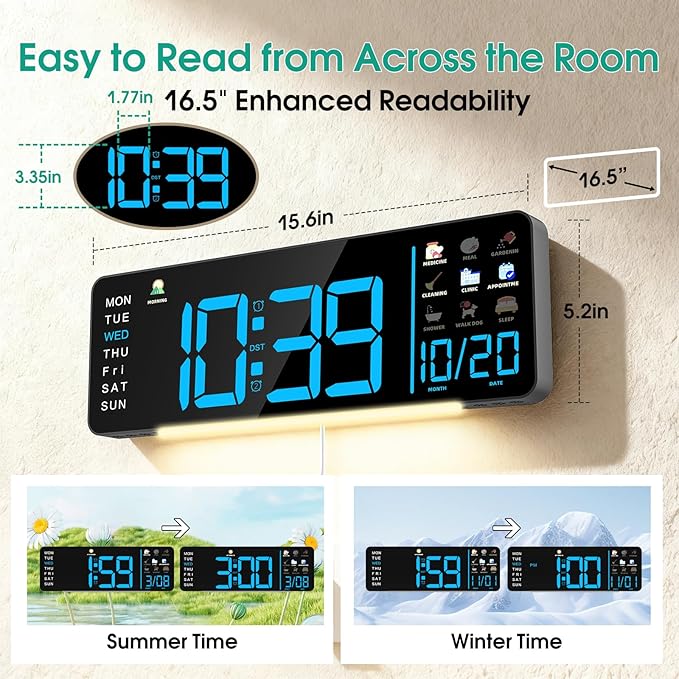 Hoifen Clock with Day and Date for Seniors, 16" Large Display Digital Calendar Dementia Wall Clock for Memory Loss with Time Periods & Task Reminders, Remote Control, Night Light, Auto Dim&DST (Blue)