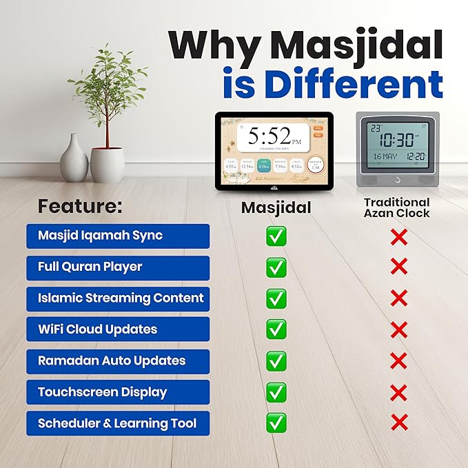 Masjidal 14-Inch Smart WiFi Digital Azan Clock Islamic Prayer Frame Touchscreen Black