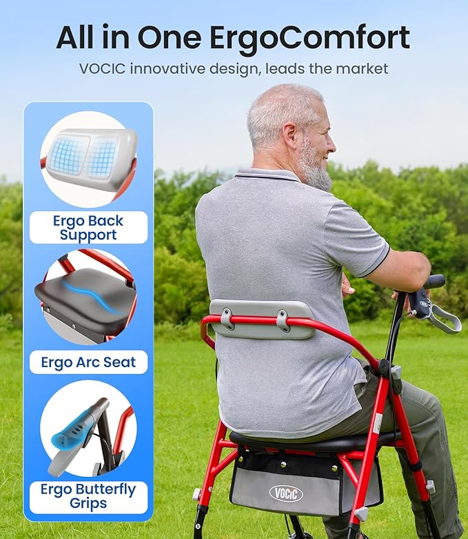 Walker for Seniors, 380lb Capacity, Walker with Seat & Backrest, All-Terrain Wheels, Adjustable Height, Foldable Compact Design