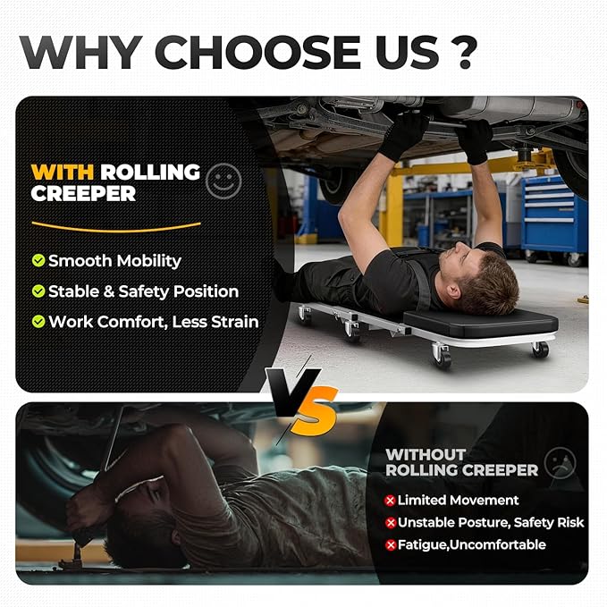 Auto Dynasty 40" Z-Creeper Seat, 2-in-1 Foldable Garage Creeper Shop Seat, 330 LBS Capacity Automotive Mechanic Repair Under Car Rolling Creeper Seat, Silver