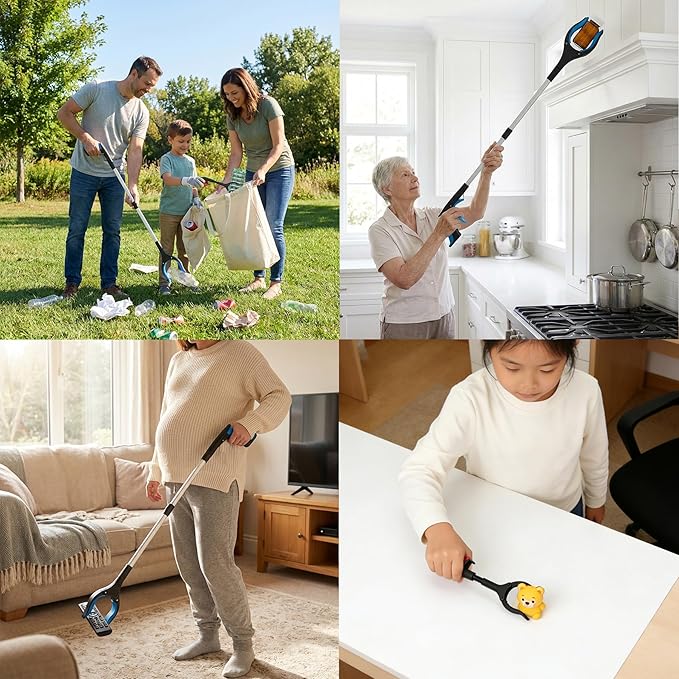 6-Piece Reacher Grabber Set - 32" Foldable Aluminum Pickup Tool with Swivel Claw & Magnet (4 Pack) + 16" Stainless Steel & 12" Iron Mini Grabbers, Heavy Duty Trash Picker & Garden Nabber